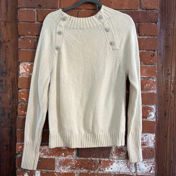J. Crew Crewneck Sweater with Jeweled Buttons in Natural Ivory Sz M Lambswool - Picture 2 of 9